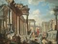 A Capriccio View Of Architectural Ruins With Saint Peter Preaching - (after) Giovanni Paolo Panini