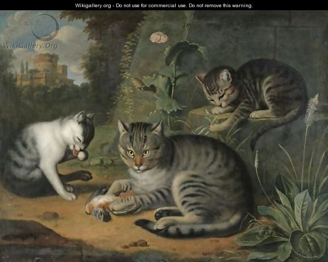 A Still Life With A Cat And Two Kittens In A Landscape - (after) Jacob Samuel Beck
