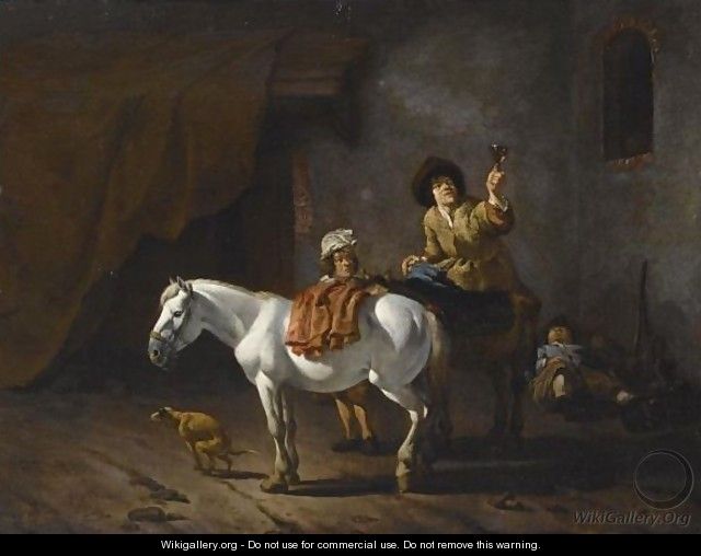 Two Horsemen With Their Horses And A Dog Near A Stable, Another Horseman Sleeping In The Background - Karel Dujardin