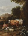 An Italianate Landscape With A Herdsman And His Cattle Resting Near A Tree - Abraham Jansz Begeyn