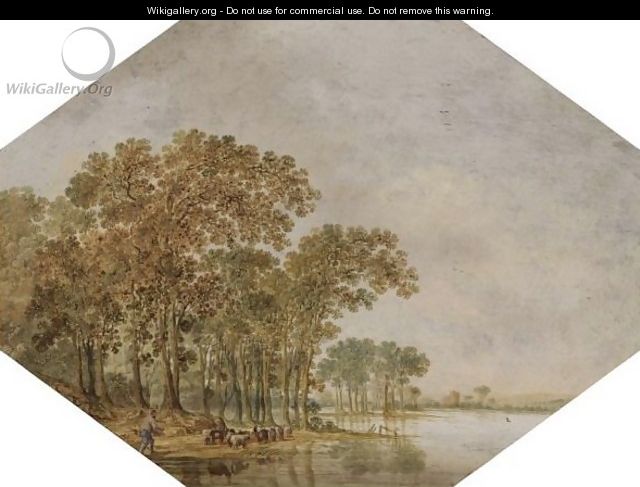 A Wooded River Landscape With A Shepherd Driving His Flock On The Banks - Jan Harmensz. Vijnck