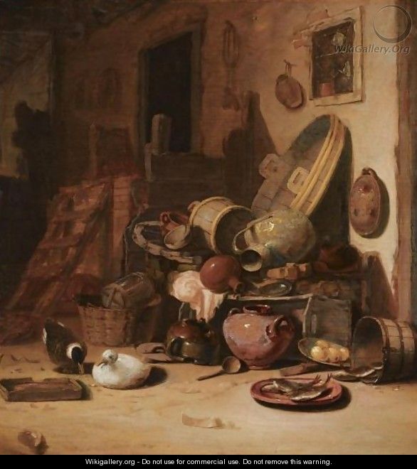 A Still Life Of Earthenware Pots, Barrels, Baskets, Jugs, An Earthenware Plate With Fish, Together With Ducks, In A Barn - Hendricksz. Bogaert