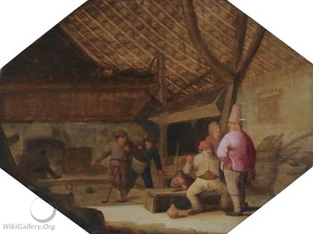 A Barn Interior With Peasants Conversing And Playing Ball - Bartholomeus Molenaer