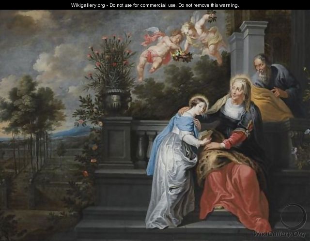 Saint Anne Teaching The Virgin Mary To Read, In A Garden Setting, With Two Angels Descending, Bearing A Floral Crown - (after) Willem Van, The Elder Herp