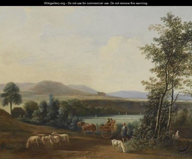 An Extensive Hilly Landscape With A Horse-Drawn Carriage With Elegant Figures Riding Along Fields - Gerrit Adriaensz Berckheyde