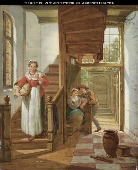 An Interior Scene With A Maid Eavesdropping On The Stairs On An Amorous Couple, A View Of A Courtyard Beyond - Abraham van, I Strij