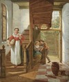 An Interior Scene With A Maid Eavesdropping On The Stairs On An Amorous Couple, A View Of A Courtyard Beyond - Abraham van, I Strij