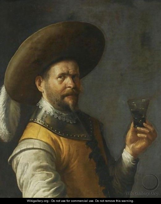 A Self Portrait Of The Artist, Half Length, Dressed As A Cavalier, Wearing A Feathered Head, Holding A Glass In His Left Hand - Joost Cornelisz. Droochsloot