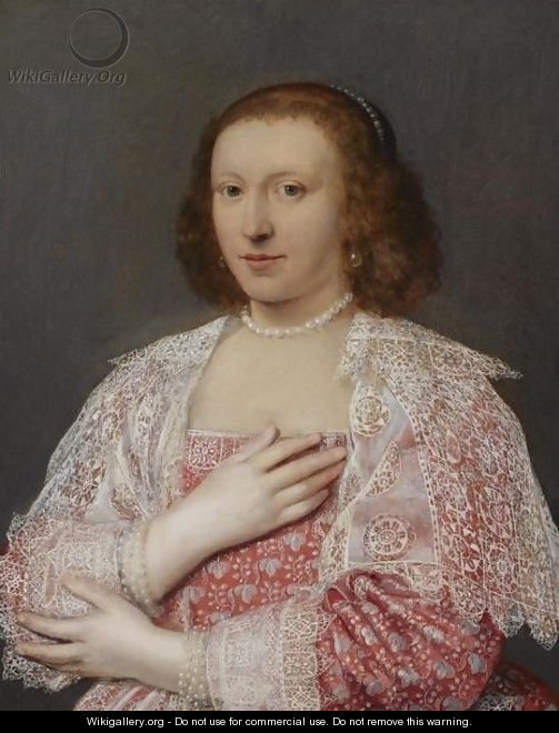 A Portrait Of A Lady, Half Length, Wearing A Red Dress With Elaborate White Lace Cuffs And Collar, And Pearl Jewellery - English School