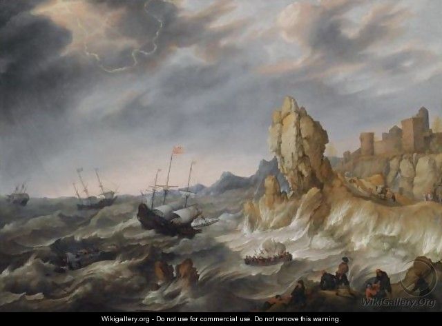 Shipping In A Heavy Storm Along A Rocky Coast - Abraham Willaerts