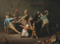 An Interior With Peasants Gambling And Children Play-Fighting - Joachim Van Den Heuvel