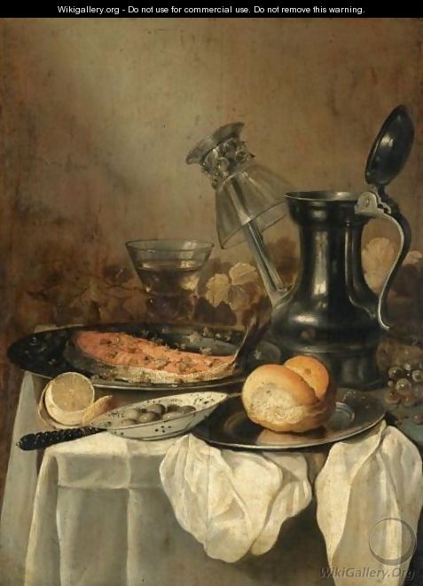 Still Life With A Pewter Flagon And Upturned Wineglass, A Slice Of Salmon - Pieter Claesz.