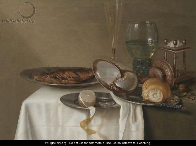 A Still Life With A Half-Peeled Lemon On A Pewter Dish, A Dried Fish With Capers - Maerten Boelema De Stomme