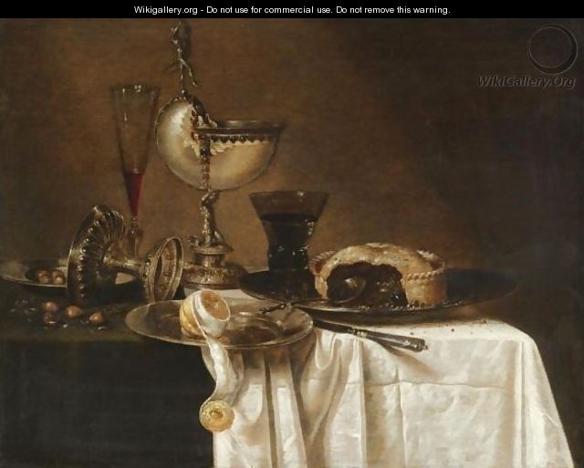 Still Life With An Overturned Tazza, A Tall Wine Glass, An Open Pie On A Pewter Plate - (after) Willem Claesz. Heda