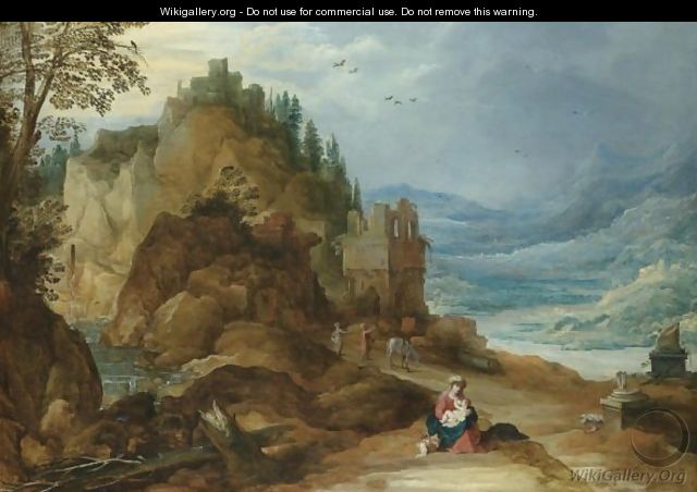 A Mountainous River Landscape With The Rest On The Flight Into Egypt - Joos De Momper