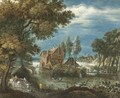A River Landscape With A Horse And Cart, Huntsmen In A Rowing Boat Beyond - (after) Adriaen Van Stalbemt