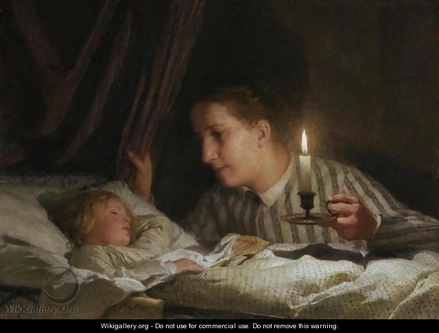 Young Mother Watching Her Sleeping Child By The Candlelight - Albert Anker