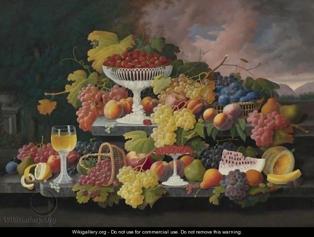 Still Life With Fruit In A Landscape - Severin Roesen