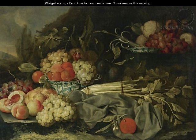 Still Life With Peaches, Grapes And Chinese Porcelain Bowl - (after) Cornelis De Heem