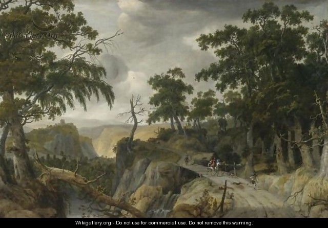 A Rocky Wooded River Landscape With Travelers Along A Path - Jan Looten