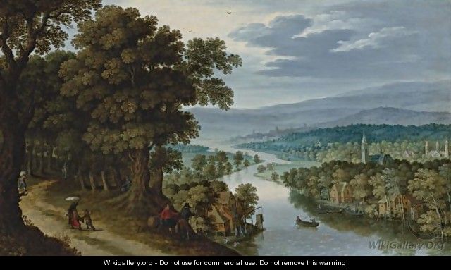 A Panoramic Mountainous River Landscape With Figures On A Path, A Village And Fishermen Beyond - Maerten Ryckaert