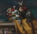 Still Life Of Tulips, Hydrangea And Other Flowers In A Gilt Urn And A Monkey - Jean-Baptiste Monnoyer