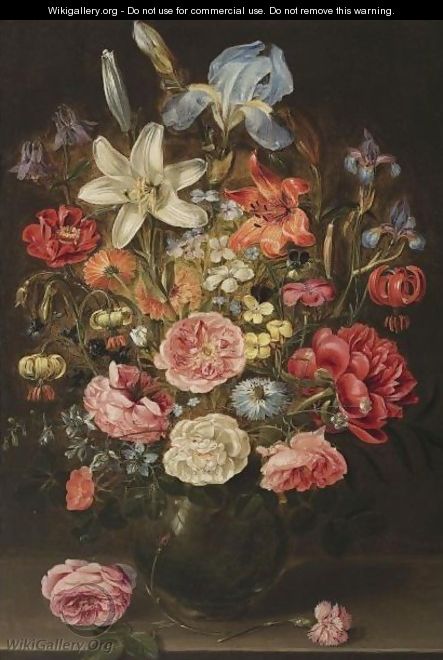 A Still Life Of Lilies, Roses, Iris, Pansies, Columbine, Love-In-A-Mist, Larkspur And Other Flowers In A Glass Vase - Clara Peeters