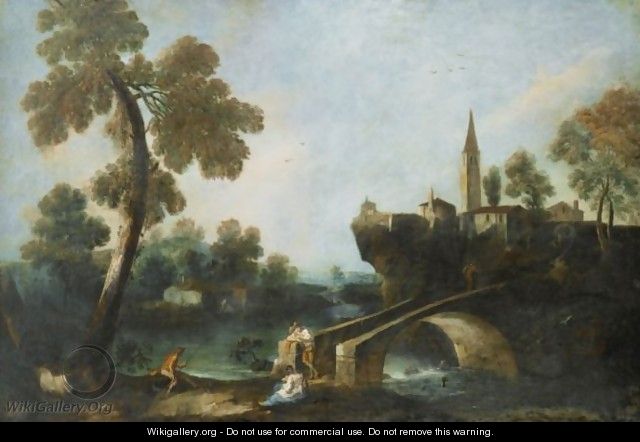 Fishermen And A Young Woman By A River, A Village Beyond - (after) Antonio Diziani