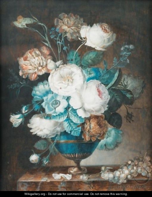 Bouquets Of Flowers In A Vase On A Marble Ledge - (after) Prevost