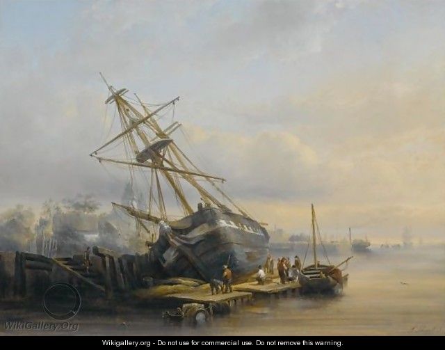 Figures At Work In A Harbour - Henry Adolphe Schaep