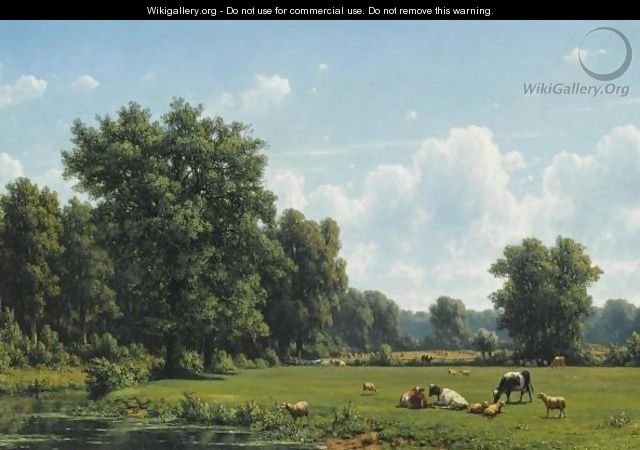 Cattle In A Summer Landscape - Julius Jacobus Van De Sande Bakhuyzen