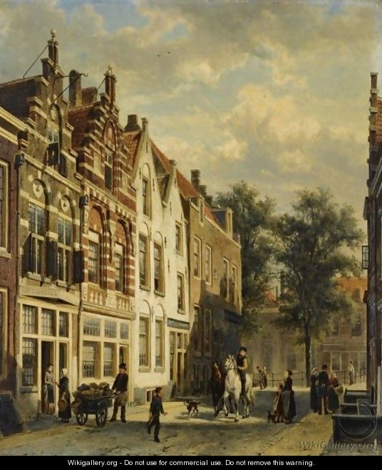 Figures In The Sunlit Streets Of A Dutch Town 2 - Cornelis Springer