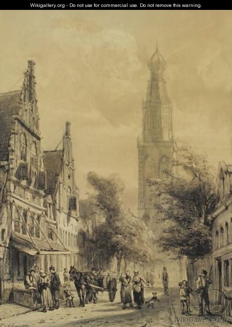 Figures In The Westerstraat With The Westerkerk In The Distance, Enkhuizen - Cornelis Springer