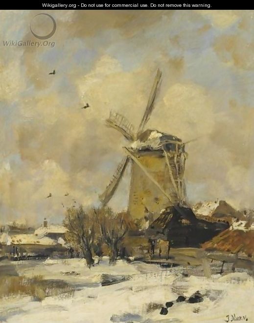 A Windmill In A Winter Landscape - Jacob Henricus Maris