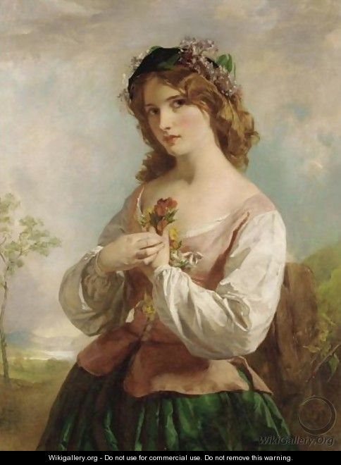 Portrait Of A Young Girl Holding Flowers - English School