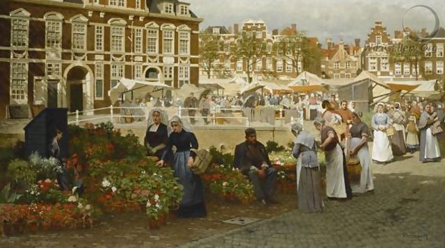 A View Of The Grote Markt In The Hague, Towards The Boterwaag And The Prinsengracht, With Scheveningen Women Buying Flowers - Johannes Christiaan Karel Klinkenberg