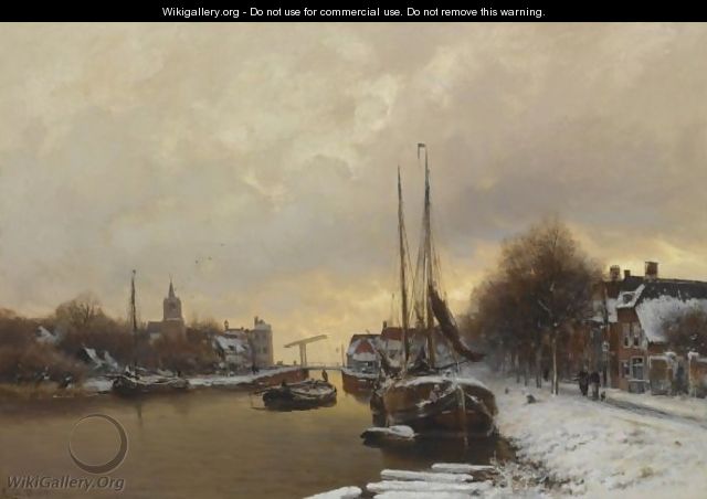 Moored Boats In A Winter Landscape - Louis Apol