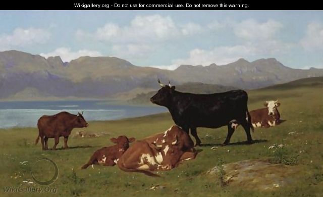 Cattle Grazing On A Hillside With A Lake In The Near Distance - Auguste Bonheur