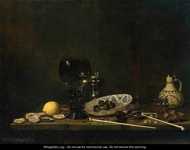 Still-Life with Romer, Flute Glass, Earthenware Jug and Pipes 1651 - Jan Jansz. Van De Velde