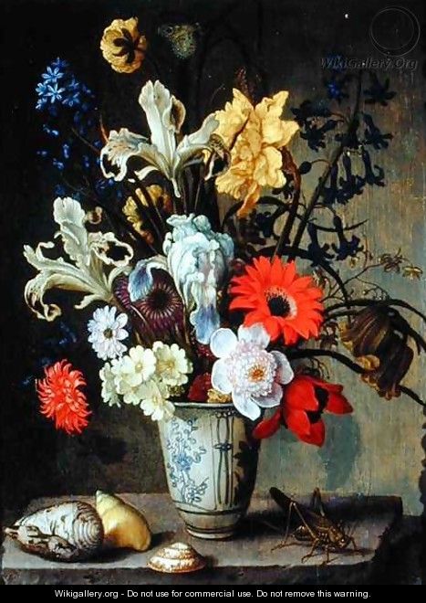 Floral Study with beaker, grasshopper and seashells - Balthasar Van Der Ast