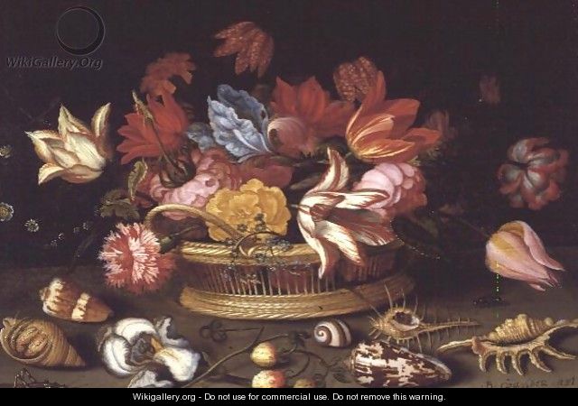 A Basket of Flowers with Shells on a Ledge - Balthasar Van Der Ast