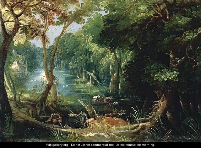 Wooded River Landscape 1618, Oil on canvas, 67 x 95 cm - Frederik van Valkenborch