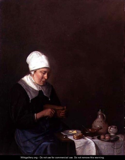 A Woman Seated at a Table Cutting a Slice of Cheese - Esaias Boursse