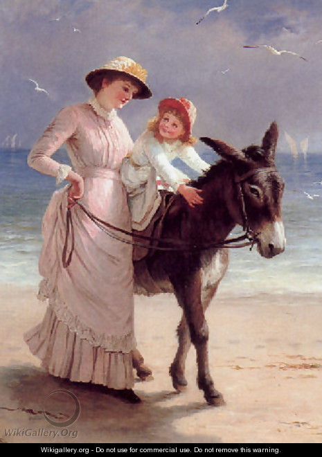 Mother and child promenading on a beach with a donkey - Jane Maria Bowkett
