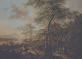 An Italianate evening landscape with a muleteer and goatherds on wooded path, a river and mountains beyond - Jan Both