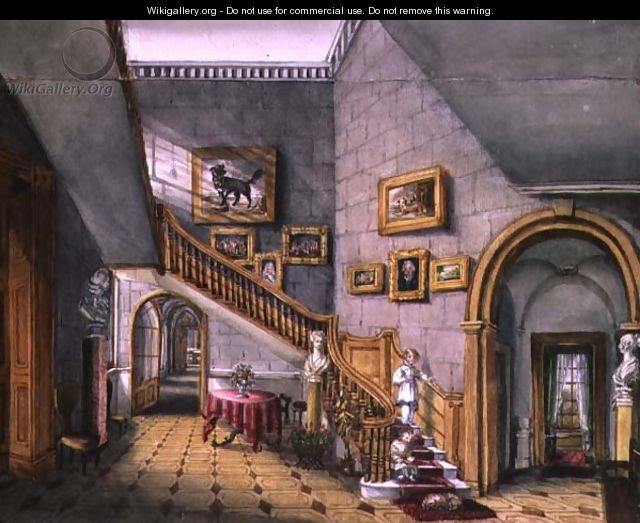 The Staircase, Strood Park, f26 from An Album of Interiors, (1) 1843 - Charlotte Bosanquet