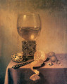 A roemer, two shells, a peeledlemon, a knife and walnuts on a Draped Table - Maerten Boelema De Stomme