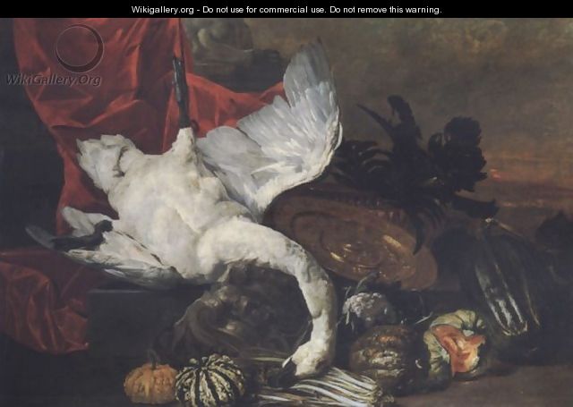 Elaborate still life with fruits, vegetables, a salver and a swan before a draped pedestal, a landscape beyond - Peeter Boel