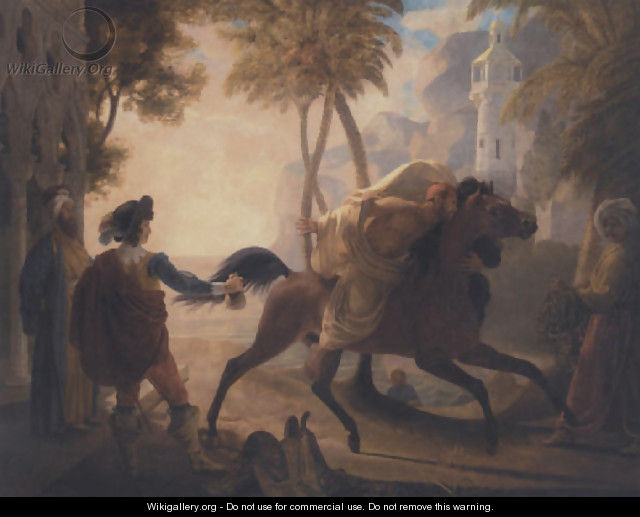 A coastal landscape with a cavalier purchasing an Arab stallion - Pierre-Nolasque Bergeret