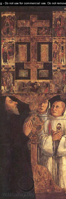Cardinal Bessarion attended by the two brothers of the Scuola della Carita in prayer with the Bessarion reliquary (tabernacle door) - Gentile Bellini